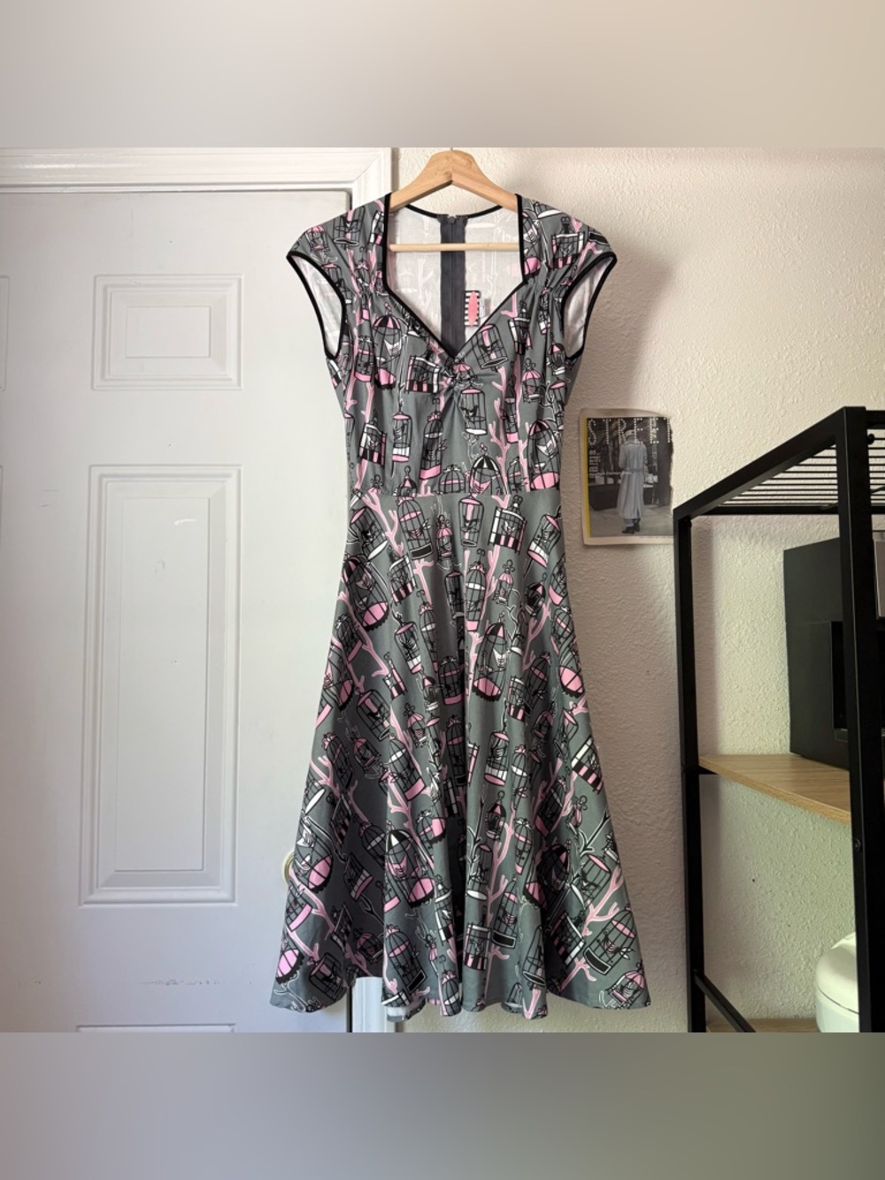 PINUP COUTURE grey bird print‎ mod retro sweetheart short sleeve midi dress